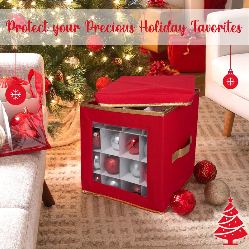 Simplify 64 Count Large Storage Box | Dimensions : 12.01 x 12.01 x 12.01 | Stackable Dividers | Holds up to 64 Ornaments | Red | Easy Carry Handles | Collapsible | Christmas Organization - Image 4